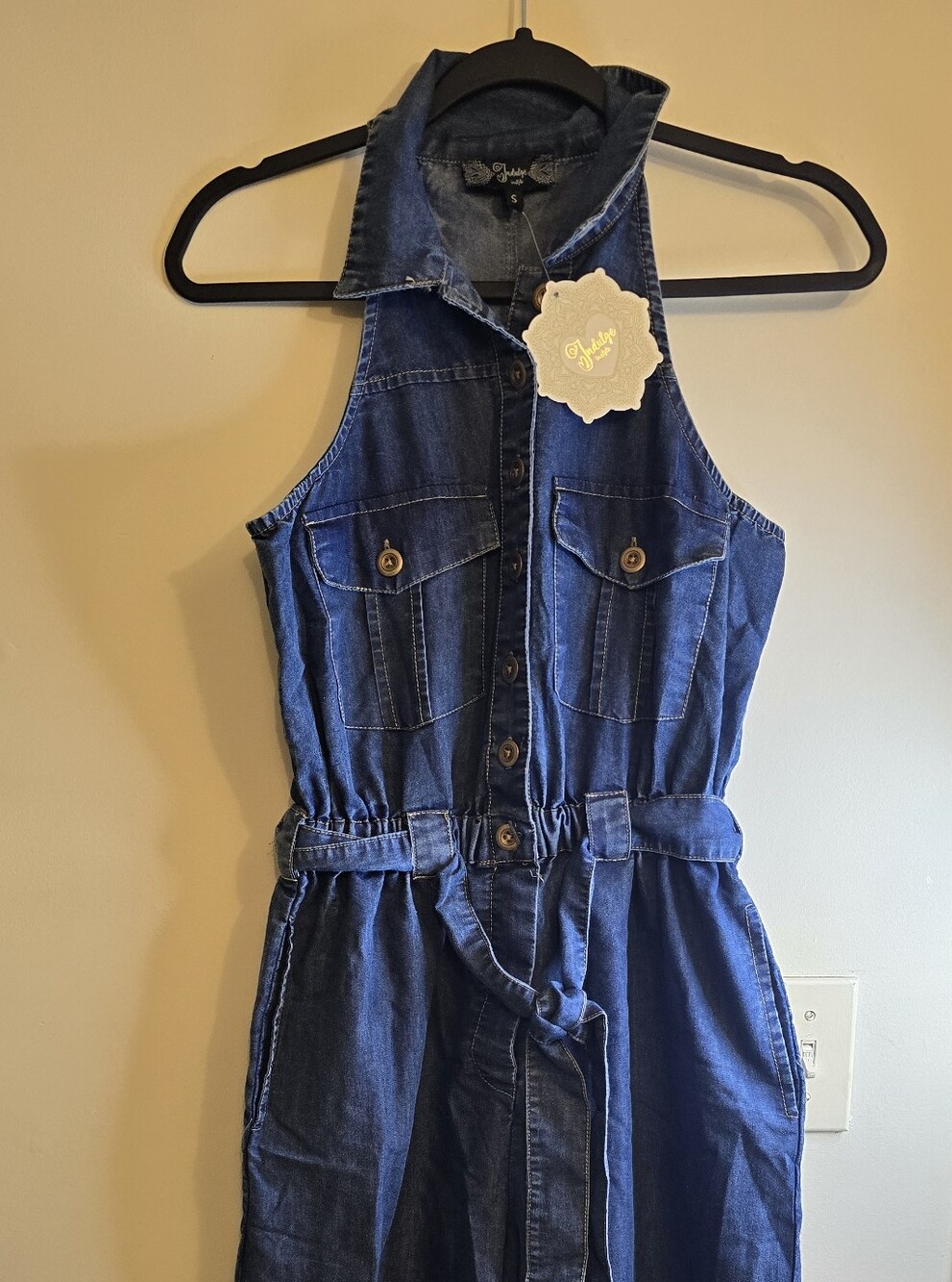 Sleeveless Dark Blue Denim Jumpsuit with Tie Waist